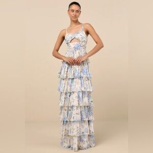 Lulu's Blue and Cream Floral Maxi Dress